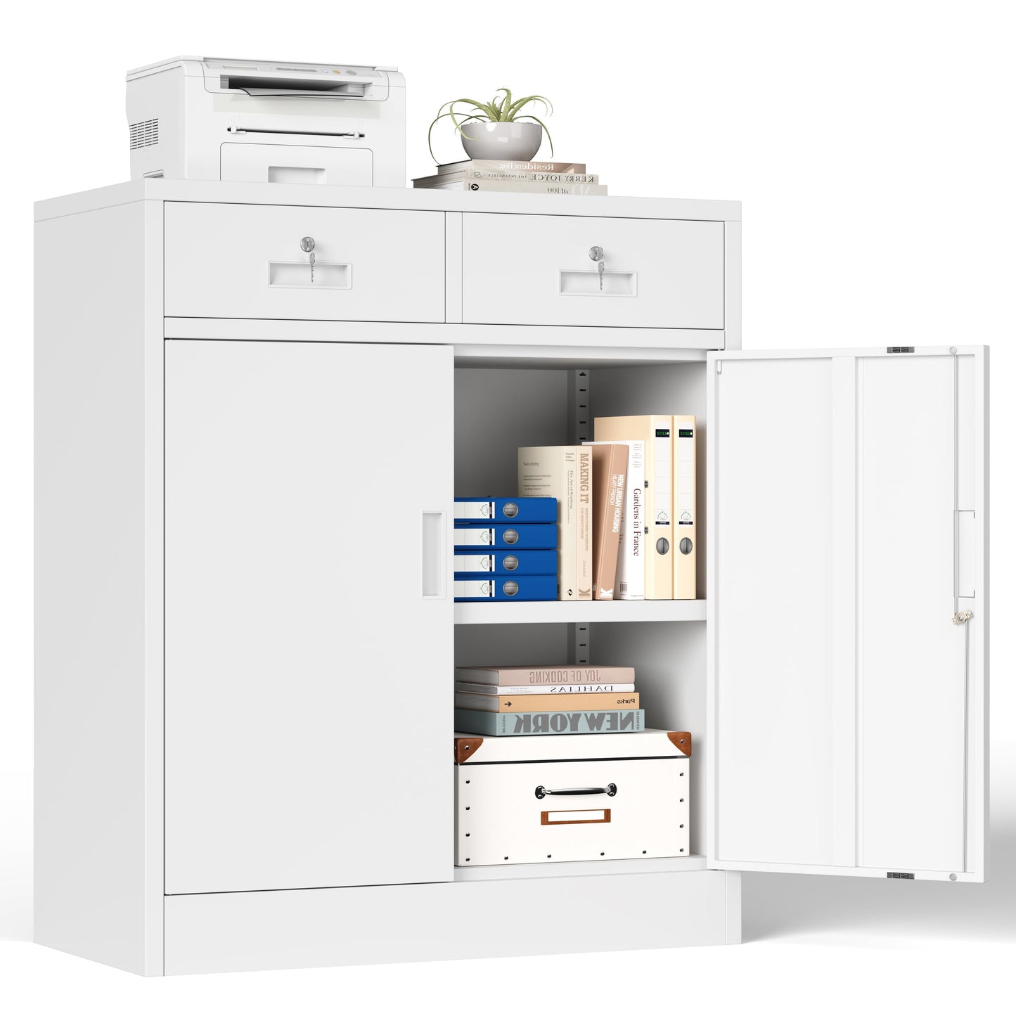 Metal Storage Cabinet, 90cm Locking Storage Cabinet with Doors, Steel Storage Cabinet with 2 Drawers and Adjustable Shelf for Garage, Home, Office