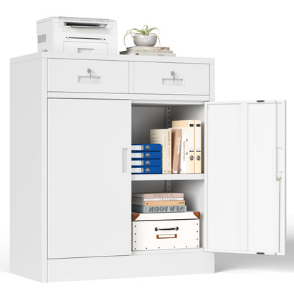 Metal Storage Cabinet, 90cm Locking Storage Cabinet with Doors, Steel Storage Cabinet with 2 Drawers and Adjustable Shelf for Garage, Home, Office