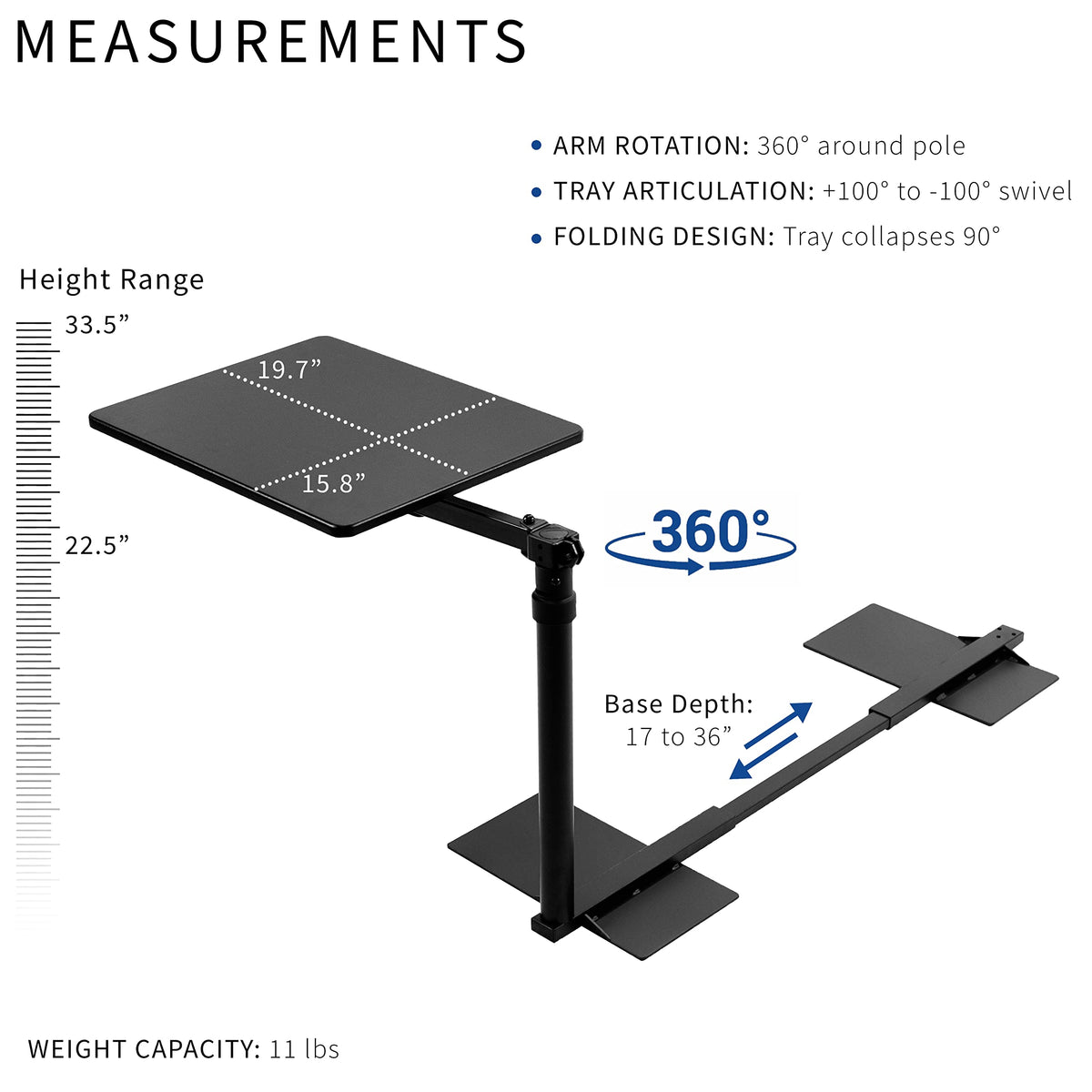 VIVO 51cm Over Couch Swivel Table, Laptop Desk for Remote Work, Portable Recliner Workstation with Height Adjustable Swing Arm, Black, DESK-ST01C