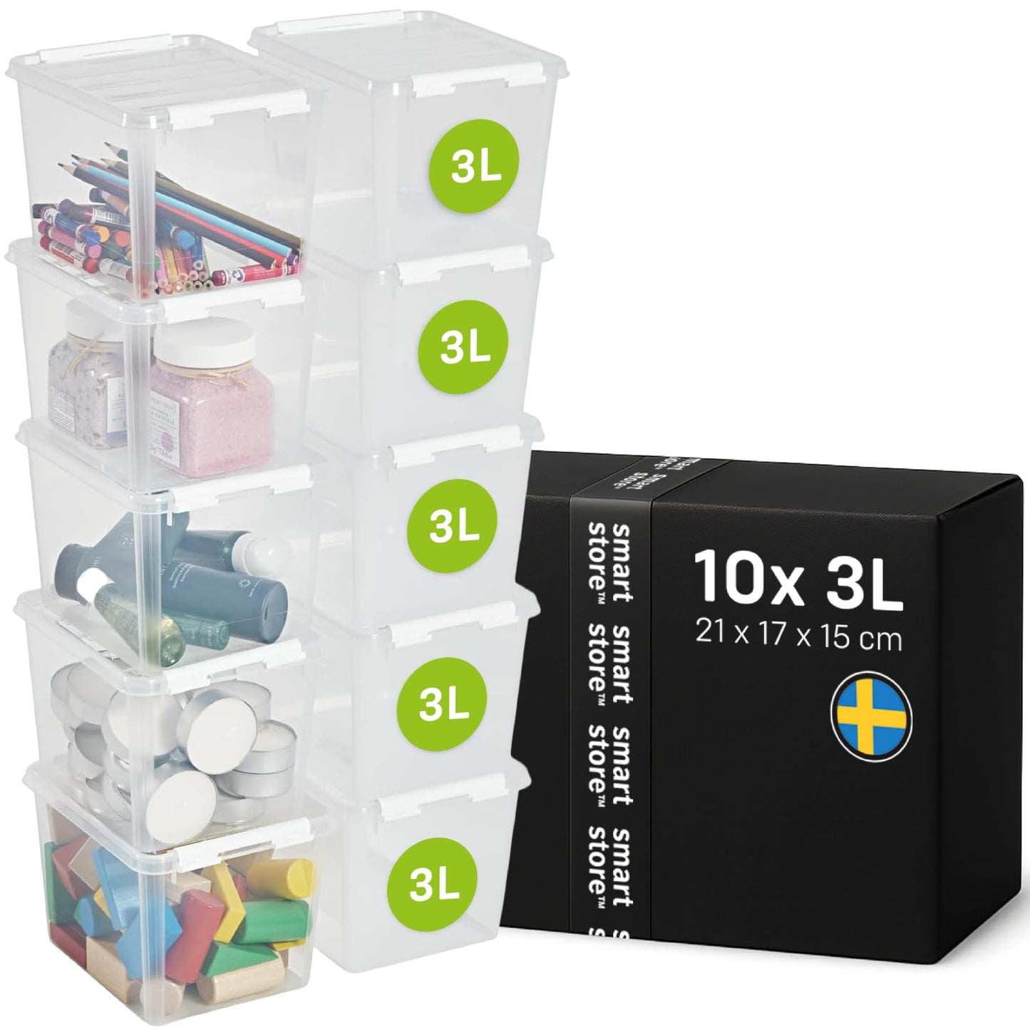 SmartStore - 10x Plastic Storage Box with Lid 3L (21x17x15cm) |Plastic Storage Drawers with Lid|Food-Safe Material|Kitchen &