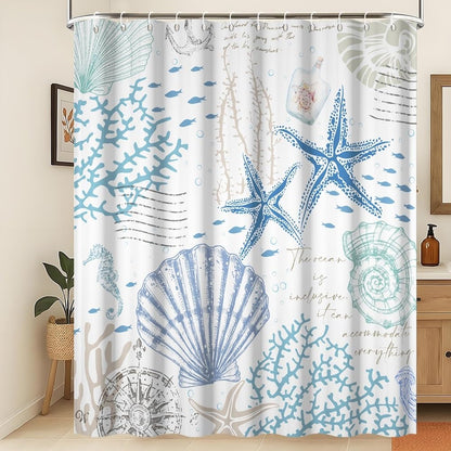 Xiaoterna Summer Marine Life White Shower Curtain Retro Nautical Coast Starfish Shell Coral Seahorse Waterproof Polyester Bathroom Curtain Underwater