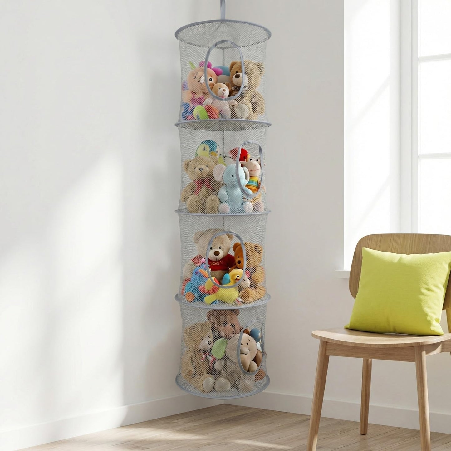 FooYee Hanging Mesh Storage Net, 4 Tier Collapsible Network Storage, Space Save Bags Organizer, Polyester Hanging Mesh Storage Basket for Cuddly Toys