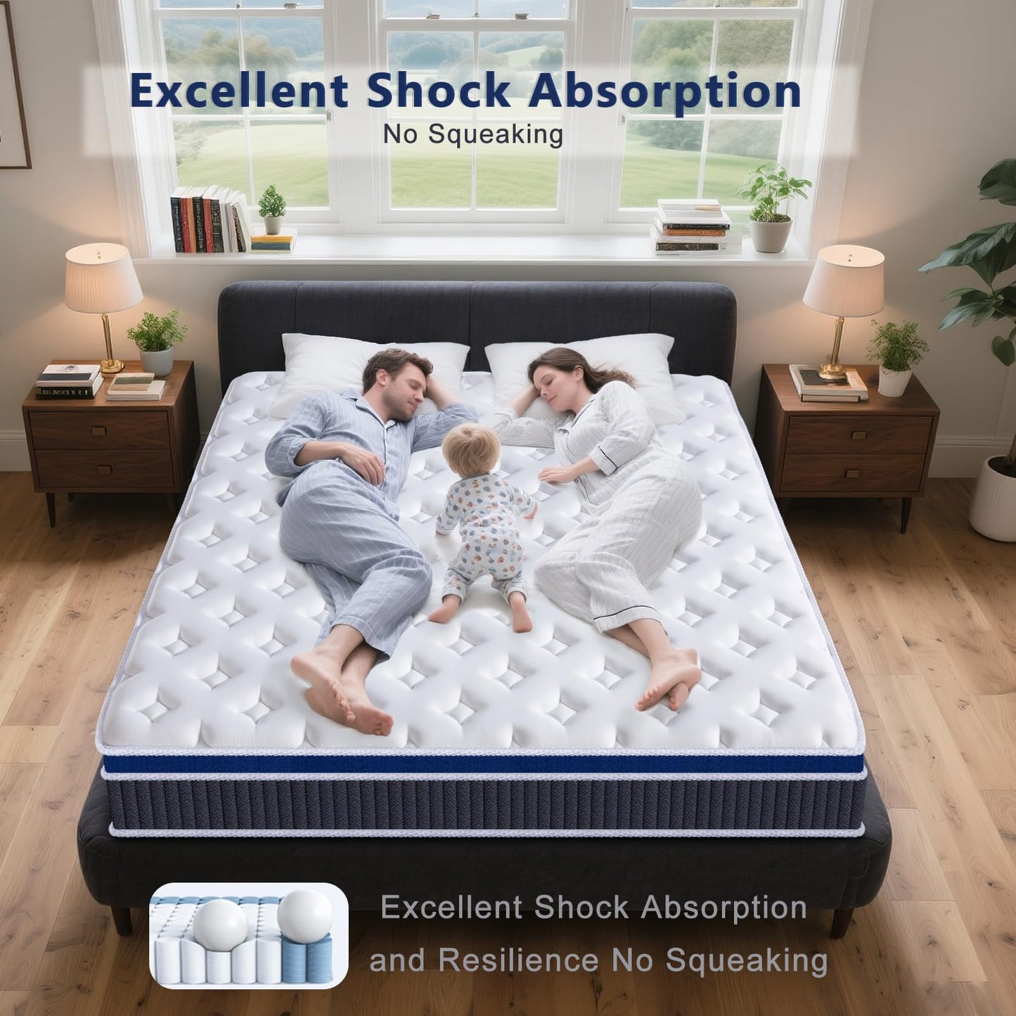 SEZMOONSI King Size Mattress, Gel Memory Foam King Mattresses 5FT, Hybrid Pocket Spring Kingsize Matress