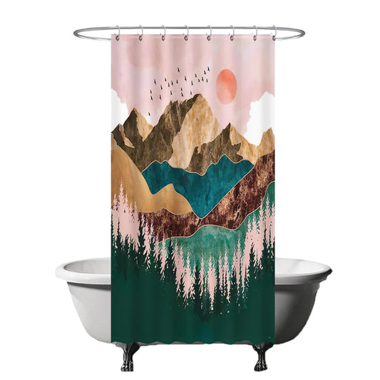 Ulticool Shower Curtain - Natural Sun Mountains Bohemian - 120 x 200 cm - Washable - Anti Mould - Waterproof - with 8 Rings - Green Pink Brown