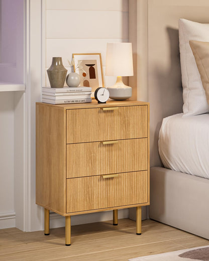Apetaccat Bedside Table with 3 Drawers, Modern Bedside Cabniet with Metal Legs, Fluted Nightstand, Side Table for Bedroom, Living Room, Office, Oak