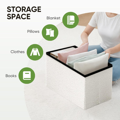 Bonlife Boucle Ottoman Seat with Storage,Folding Small Footstool for Living Room,Cube Toy Chest Box,Foot Rest,Cream,42x32x32cm