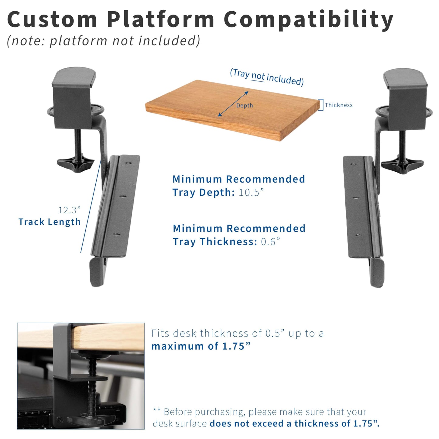 VIVO Clamp and 12 inch Rail Set for DIY Custom Wooden Keyboard Trays (Tray Not Included)
