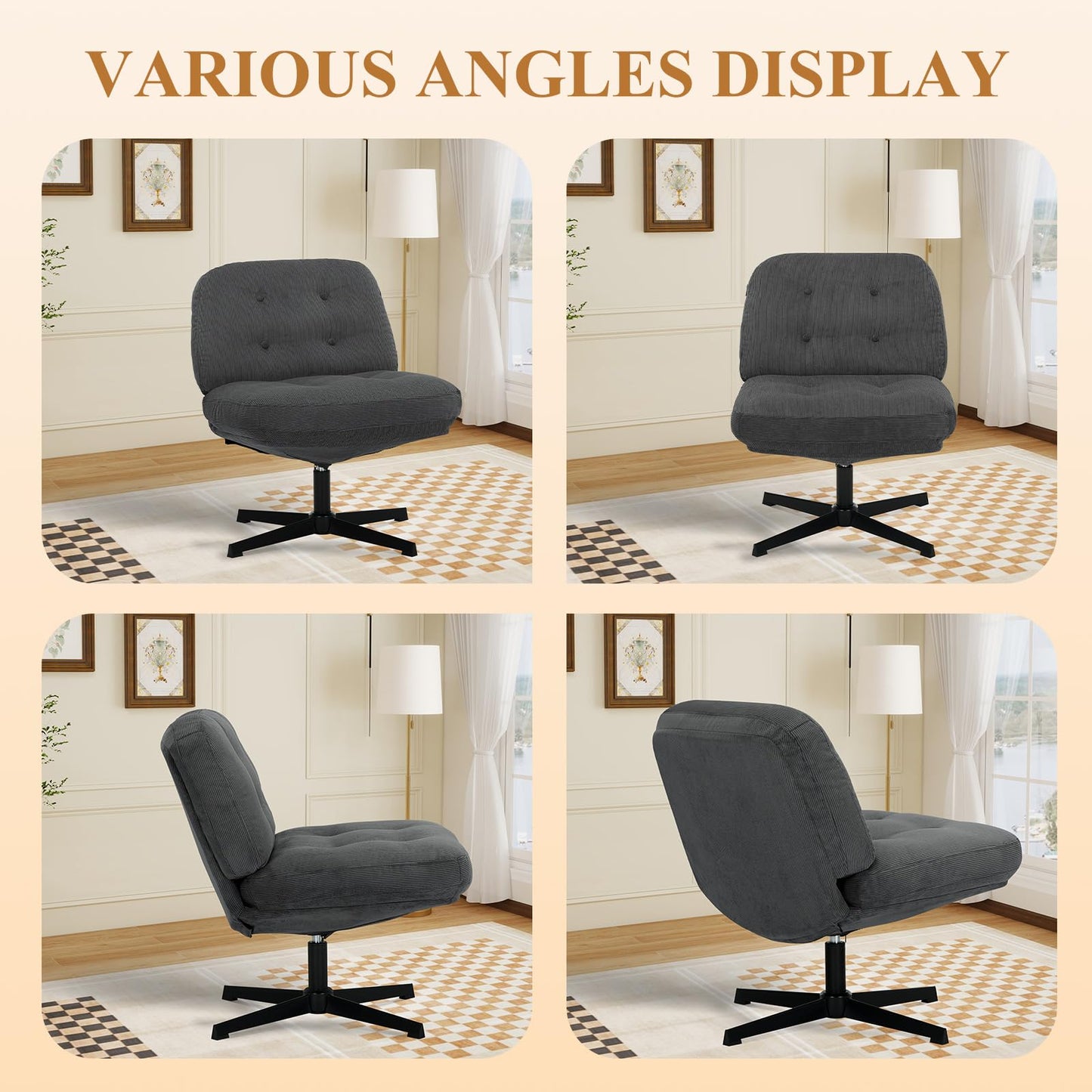 COLAMY Wide Seat Cross Legged Home Office Chair – Thick Padded Corduroy Desk Chair with Metal Base