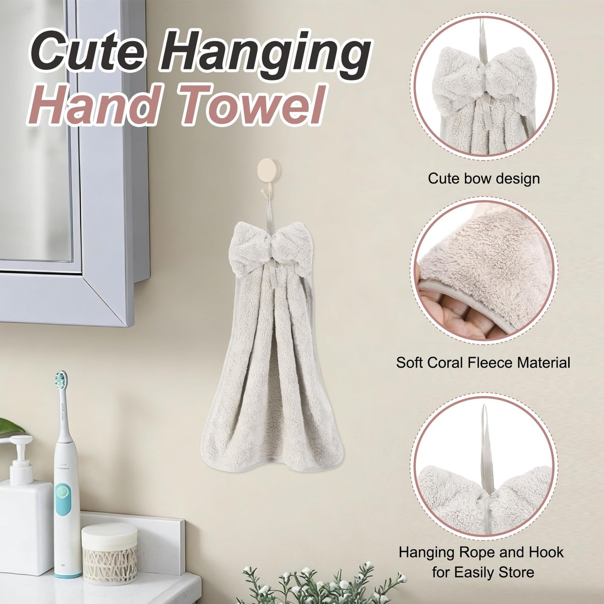 sourcing map 2Pcs Bow Hand Towels with Hanging Loop, 14.2" x 12.2" Soft Coral Fleece Microfiber Bowknot Hanging Hand Dry Towels Quick Dry and