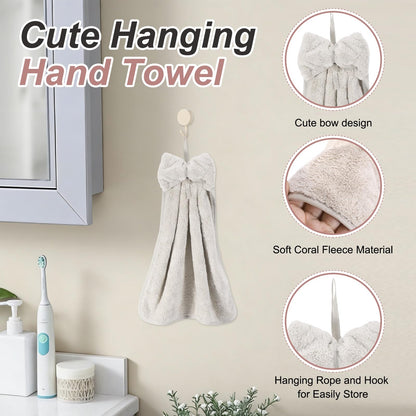 sourcing map 2Pcs Bow Hand Towels with Hanging Loop, 14.2" x 12.2" Soft Coral Fleece Microfiber Bowknot Hanging Hand Dry Towels Quick Dry and