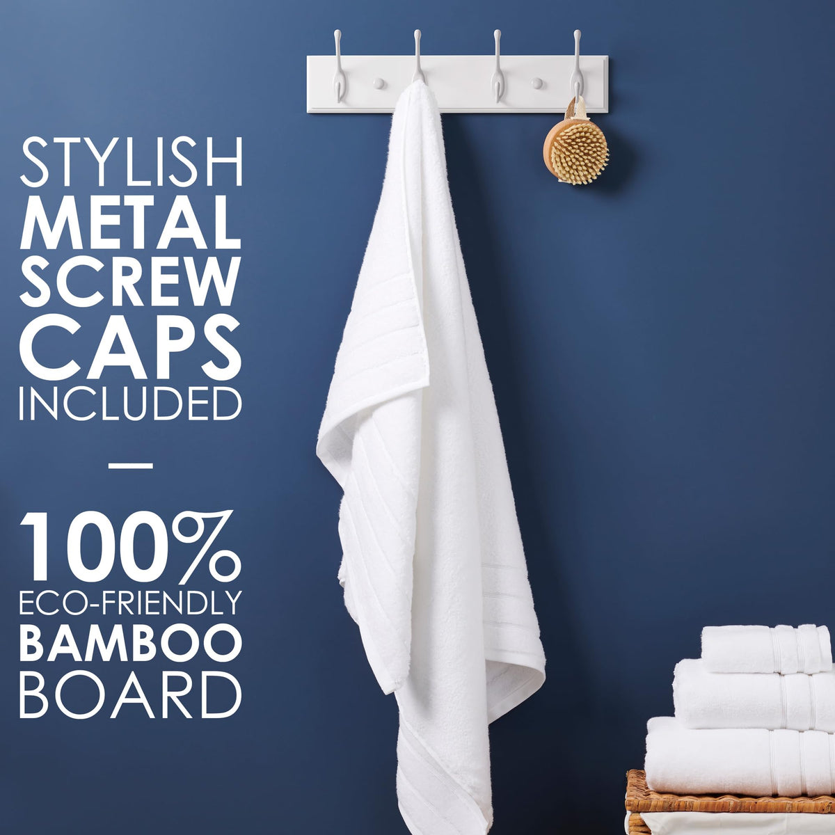 LARHN White Wall-Mounted Coat Rack - 4 White Coat Hooks, 42cm