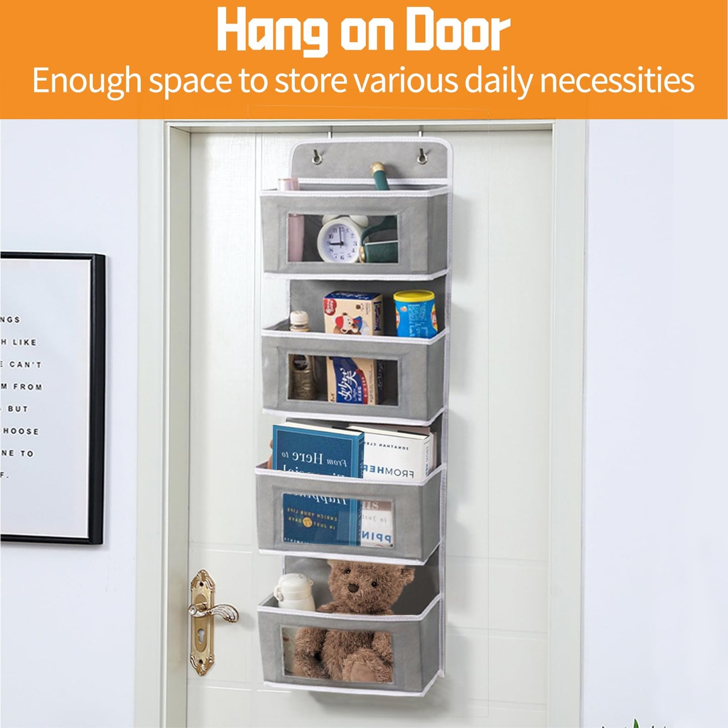 Dinhauyon Over door storage, 4pcs Hanging Organizer Box with Clear Window and 2 Metal Hooks, Foldable Wall Mount Storage for Bathroom Dorm Magazine