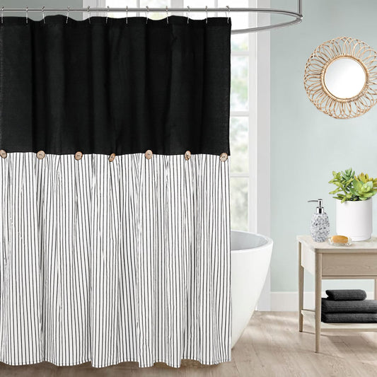 DOSLY ID?ES Farmhouse Shower Curtain with Black, Linen Cotton, Decorative Buttons, Black Stripes, Pleated, 180 x 200 cm