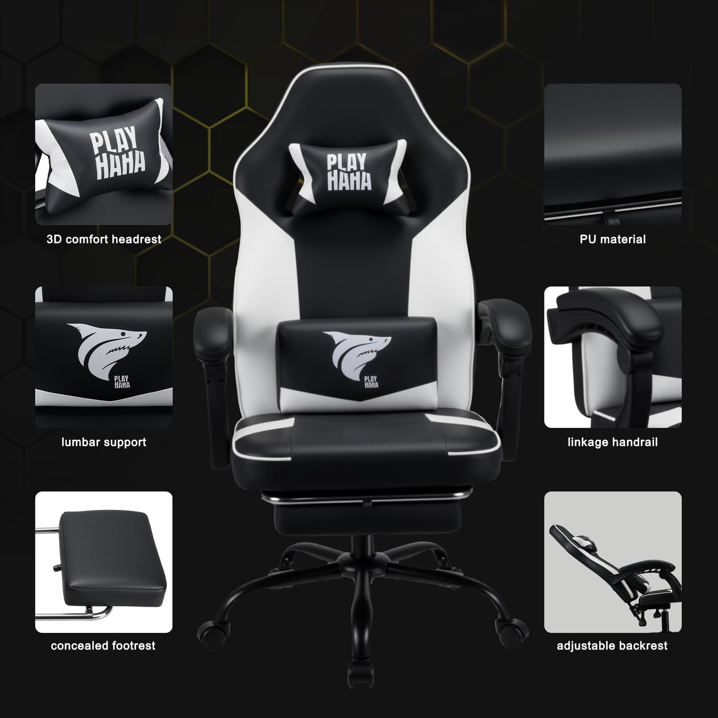 Play haha.Ergonomic Gaming Chair with Footrest, High Back Office Chair with Lumbar Support and Headrest
