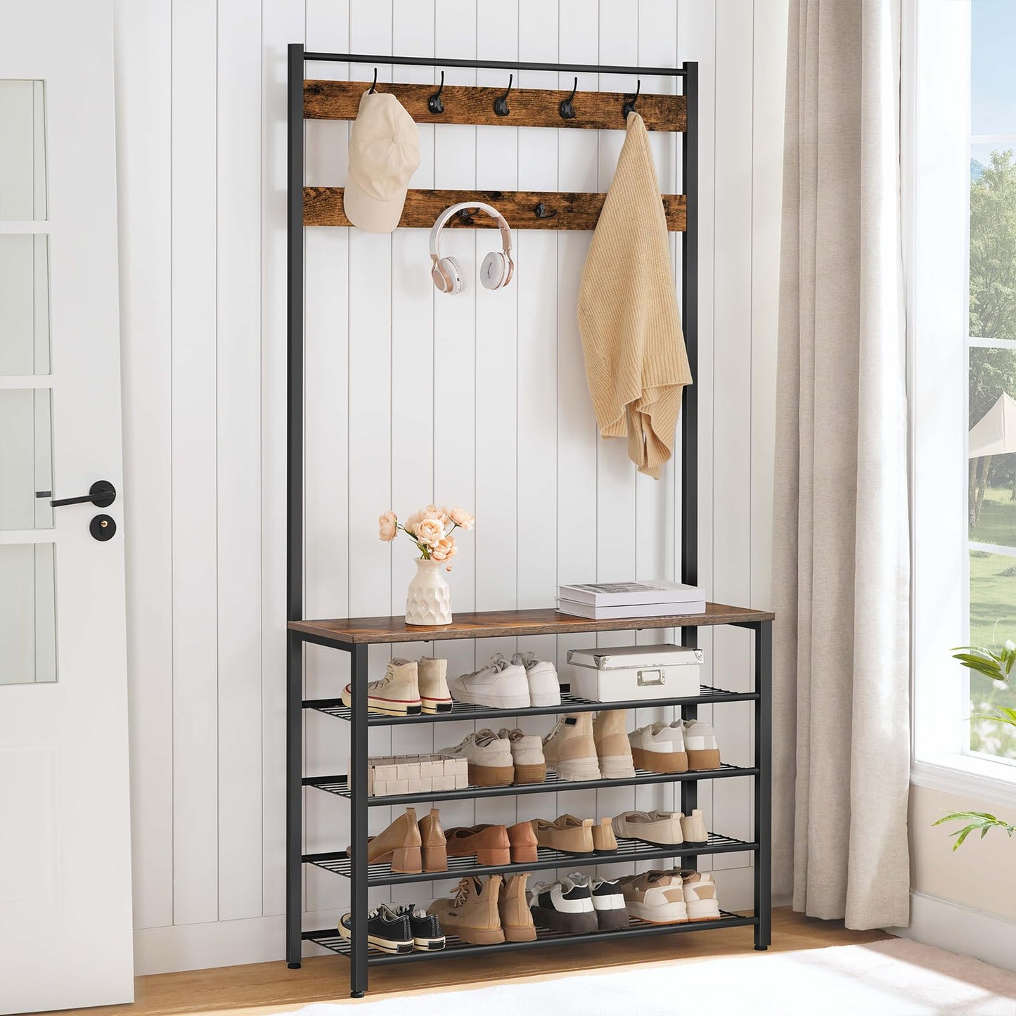 HOOBRO Coat Stand, Coat Rack with Shoe Storage, Free Standing Hall Tree with 9 Hooks, Shoe and Coat Rack for Hallway, Entryway, Metal Frame, Sturdy