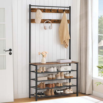 HOOBRO Coat Stand, Coat Rack with Shoe Storage, Free Standing Hall Tree with 9 Hooks, Shoe and Coat Rack for Hallway, Entryway, Metal Frame, Sturdy