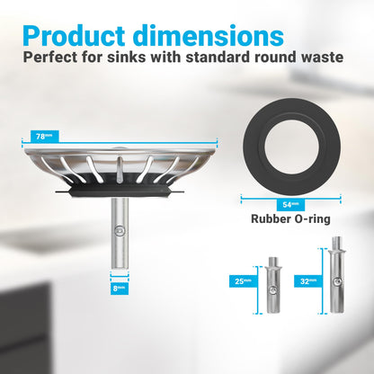 Minismus Kitchen Sink Plug Replacement - Stainless Steel Strainer, Stopper, Drainer, Filter to Catch Food Waste and Prevent Clogging