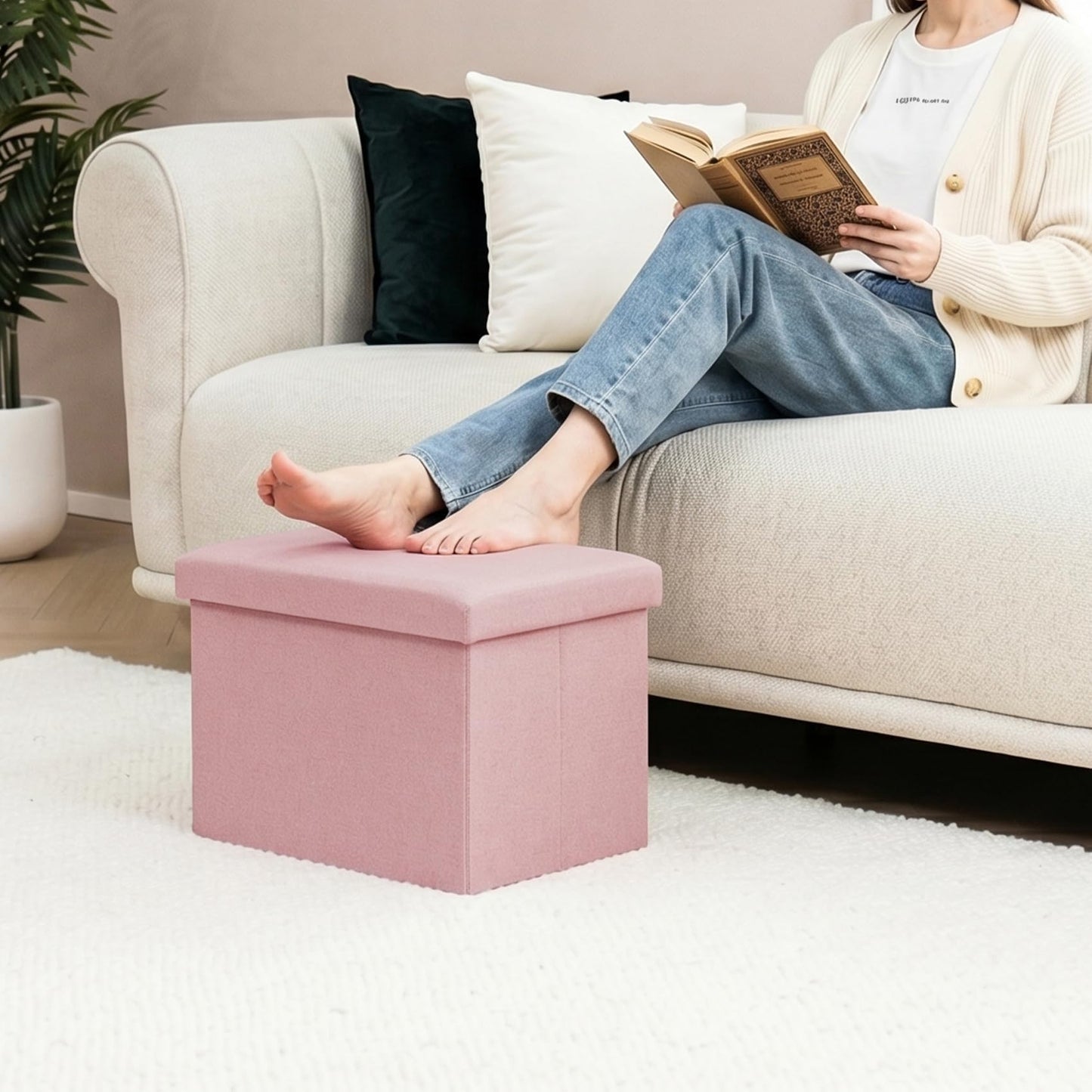 PINPLUS Folding Storage Box Ottoman, Linen Small Footstool, Pink