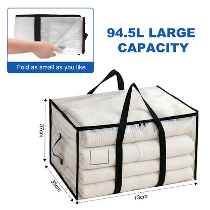 2 Pack Clothes Storage Bags with Zips, 94L Heavy Duty Clear Moving Bags