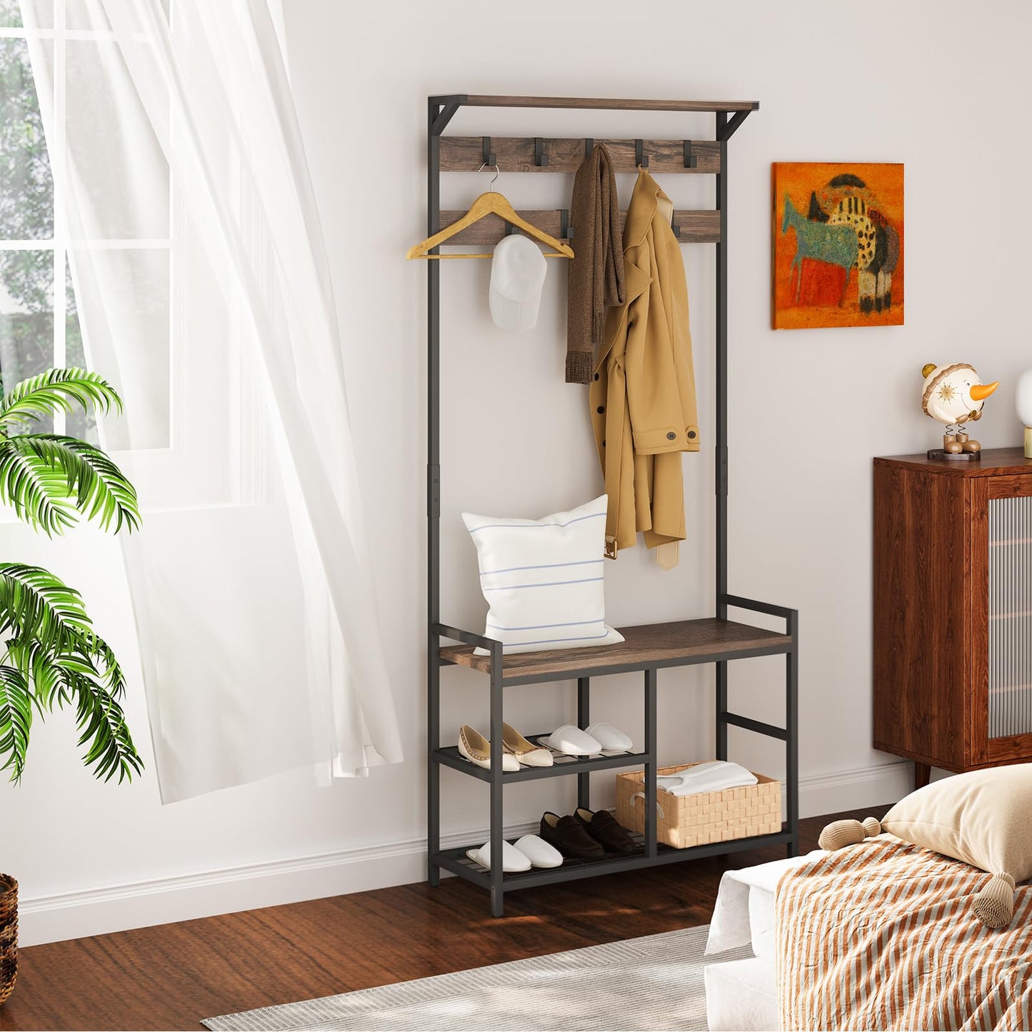 Industrial Coat Rack Freestanding Hall Tree 33"x12"x71.5" Vintage Brown