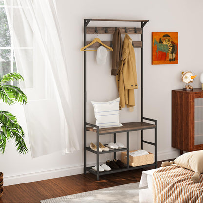 Industrial Coat Rack Freestanding Hall Tree 33"x12"x71.5" Vintage Brown