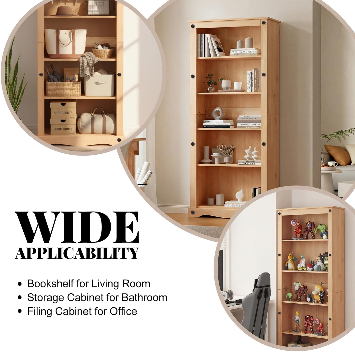 Panana Corona 5 Tier Bookcase, Solid Pine Wood Storage Display Unit Bookshelf Organiser Cabinet Shelf Shelves Rack Unit 80 x 35 x 180 cm