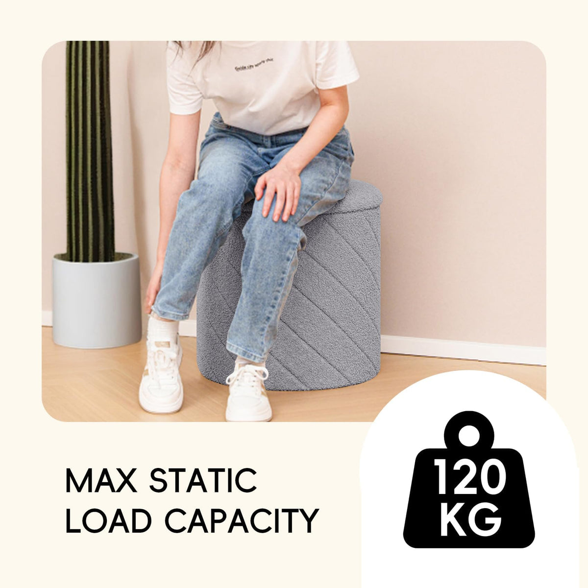 PINPLUS Round Ottoman Storage Box, Folding Stool, Grey, 43x43x45 cm
