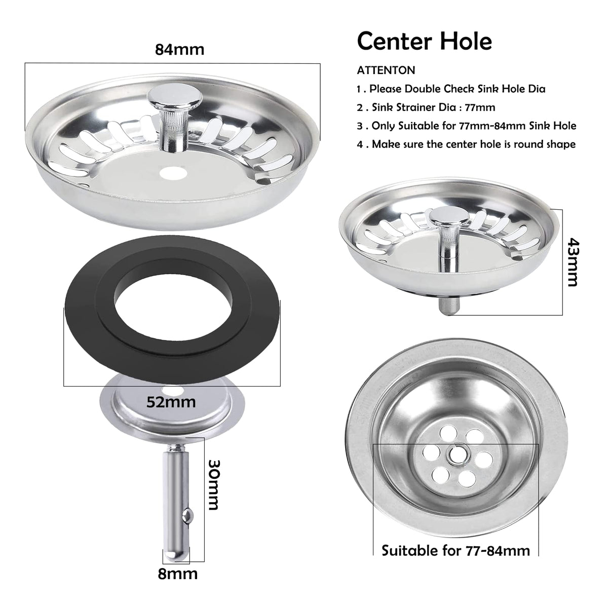 1 PC 84mm Kitchen Sink Plugs, Stainless Steel Kitchen Sink Strainer Plug Waste Stopper Sink Strainer Replacement Sink Plug Basket Strainer Sink Drain