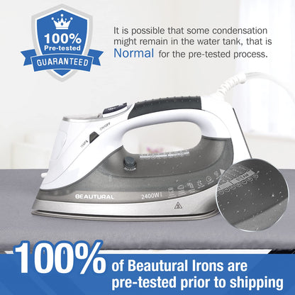BEAUTURAL 2400 W Steam Iron with LCD Display, Variable Temperature and Double Ceramic Coated Soleplate, 8 ft Power Cord and 340ML Tank-White/Grey