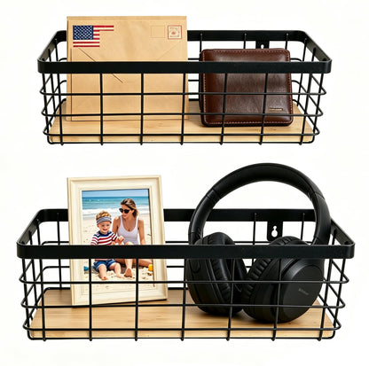 ShabbyDecor Metal Wire Basket Detachable Wood Base Storage Organizer Farmhouse Bin for Kitchen Cabinets, Bathroom, Pantry, Laundry Room