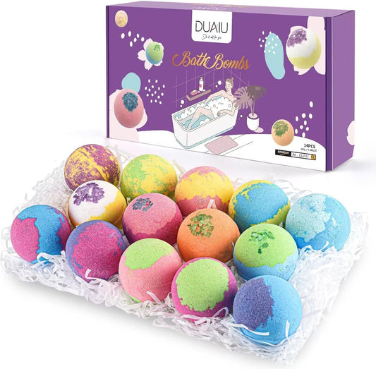 DUAIU 14pcs Natural Bath Bomb Set - Organic Bubble Bath Bombs with Essential Oils for Her Birthday, Anniversary, Valentine's, Mother's Day Gifts for