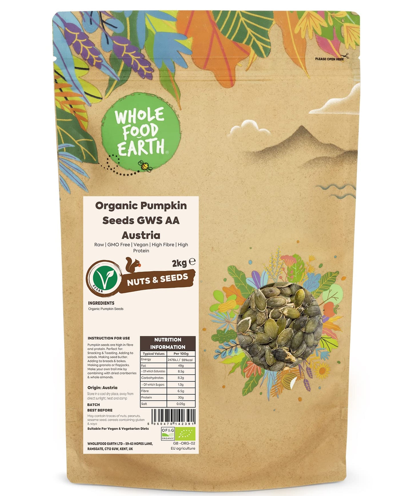 Wholefood Earth Organic Pumpkin Seeds GWS AA Austria 2kg Raw | GMO Free | Vegan | High Fibre | High Protein | Certified Organic