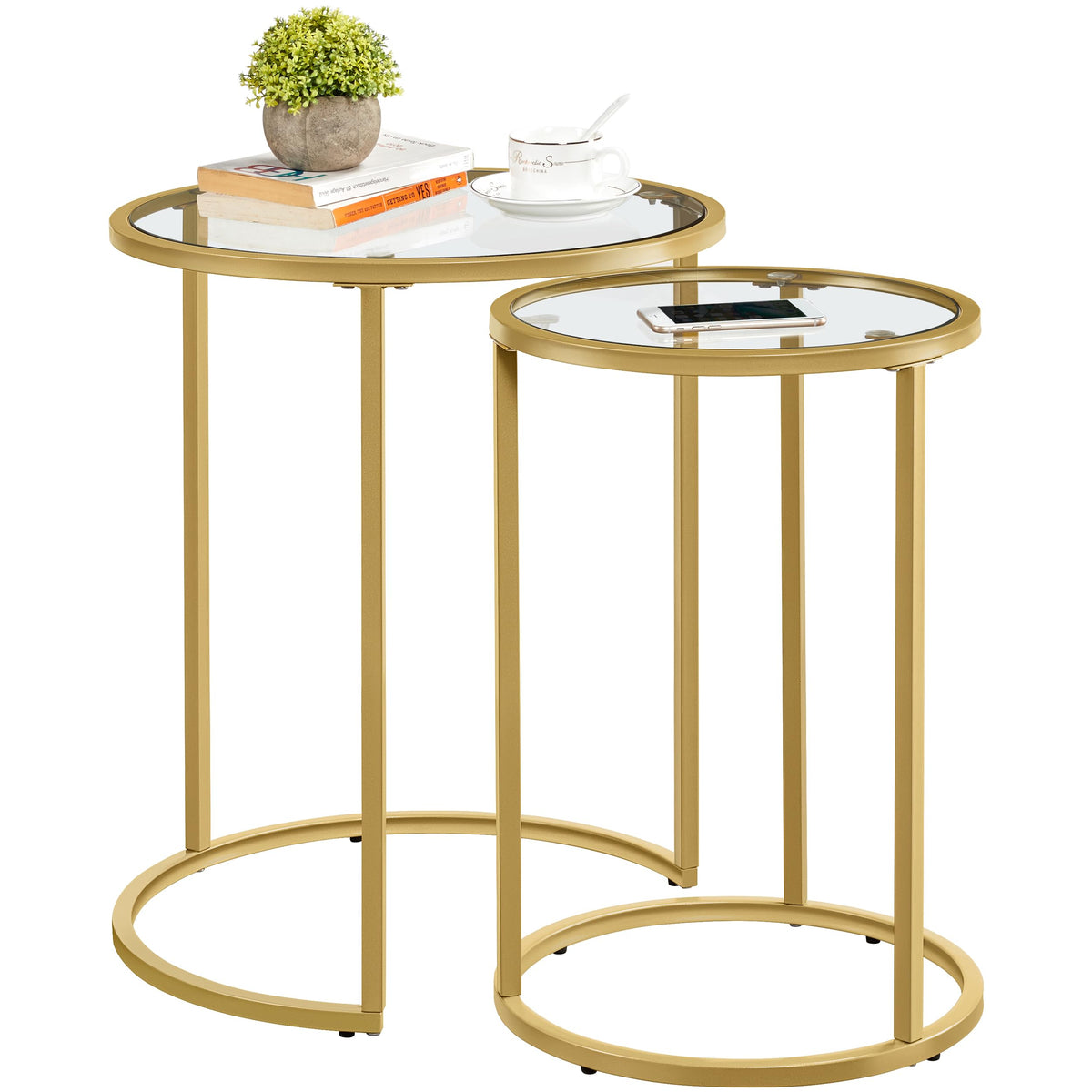 Yaheetech Glass Nesting Tables Set of 2 with Metal Frames, Mustard Gold