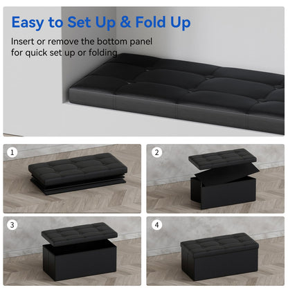 BRIAN & DANY Folding Ottoman Bench Storage Box with Lid, Large Storage Seat Faux Leather Footstool Toy Storage Box, Black, 80 x 40 x 40 cm