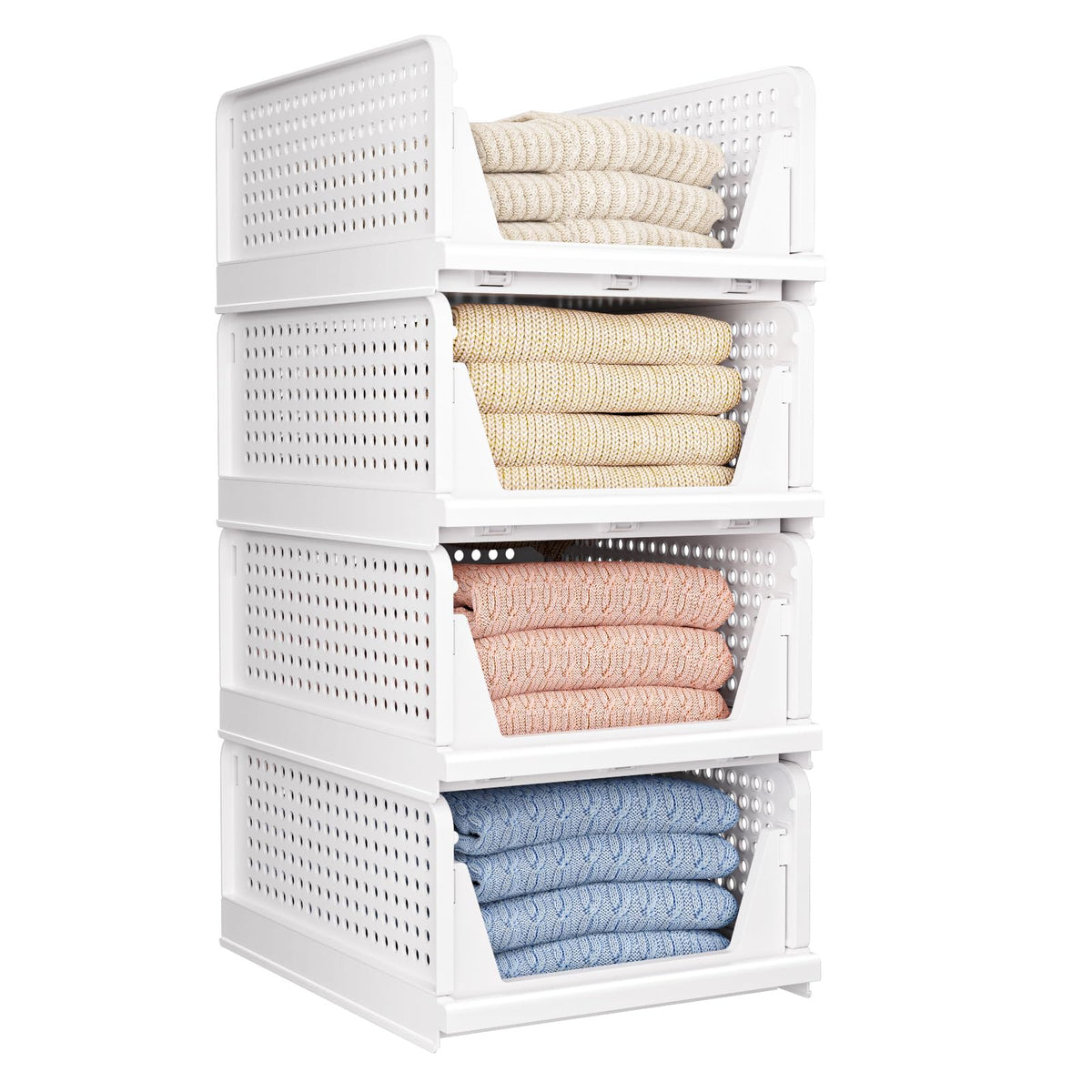4 Pack Folding Closet Organizers Storage Box, Stackable Storage Bins, Plastic Drawer Basket Closet Storage for Wardrobe Cupboard Kitchen Bathroom