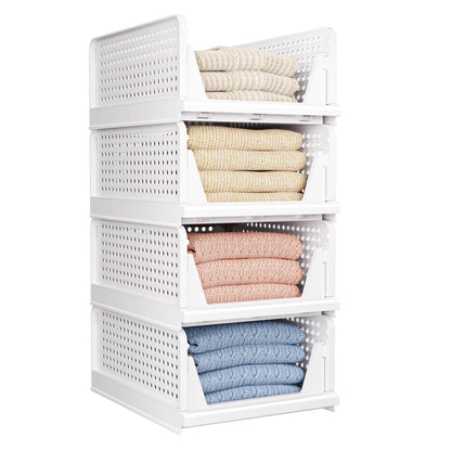 4 Pack Folding Closet Organizers Storage Box, Stackable Storage Bins, Plastic Drawer Basket Closet Storage for Wardrobe Cupboard Kitchen Bathroom