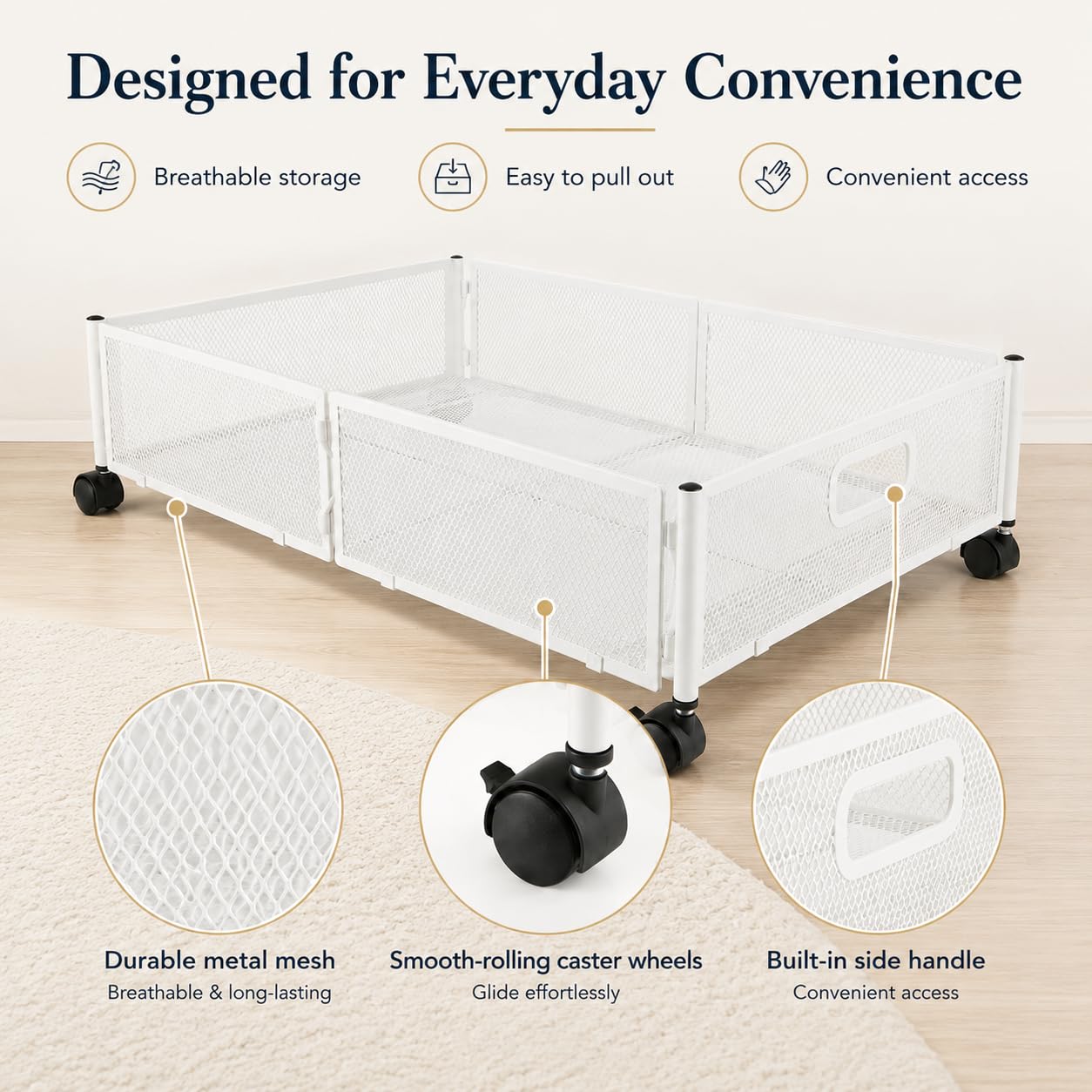 WOPPLXY Underbed Storage on Wheels - Metal Under Bed Storage Drawer with Wheels - Foldable Underbed Organiser Cart - White