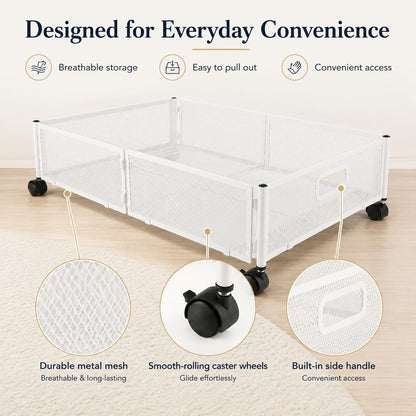WOPPLXY Underbed Storage on Wheels - Metal Under Bed Storage Drawer with Wheels - Foldable Underbed Organiser Cart - White