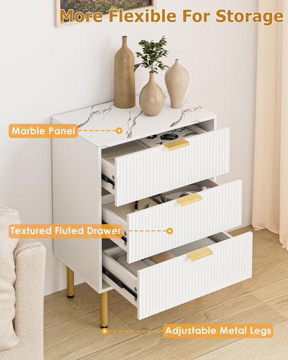 Apetaccat Bedside Table with 3 Drawers, Modern Bedside Cabniet with Metal Legs, Fluted Nightstand, Side Table for Bedroom, Living Room, Office, White