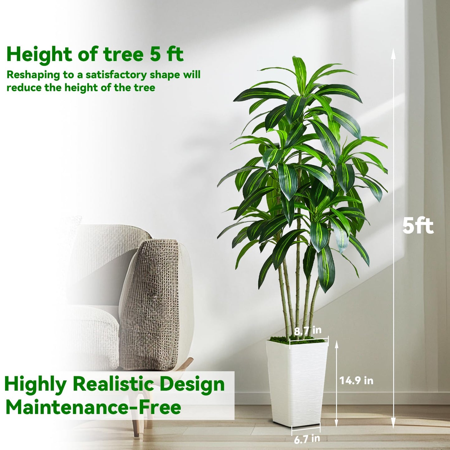 Artificial Dracaena Plant Indoor 5FT Fake Tree with White Tall Planter, Tall Fake Floor Plant in Pot, Artificial SilkPlant for Home Decor Office