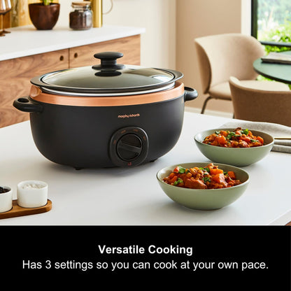 Morphy Richards 6.5L Sear and Stew Slow Cooker, Dishwasher Proof Non Stick Aluminum Pot, Cool Touch Handles, Matte Black and Rose Gold, 461016