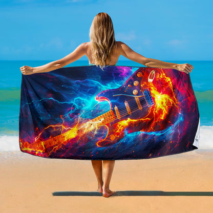 Violetpos Fire Electric Guitar Beach Towel, Extra Large 180x90 cm 250GSM Microfibre, Sand Free Quick Dry