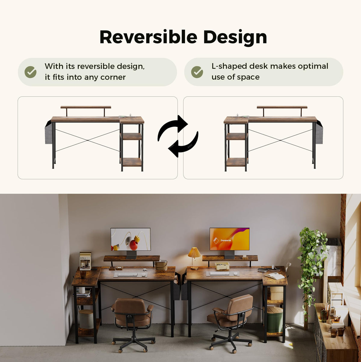 Mericonia Corner Desk, w. Monitorstand & Built-in Socket, 140x70cm, Brown