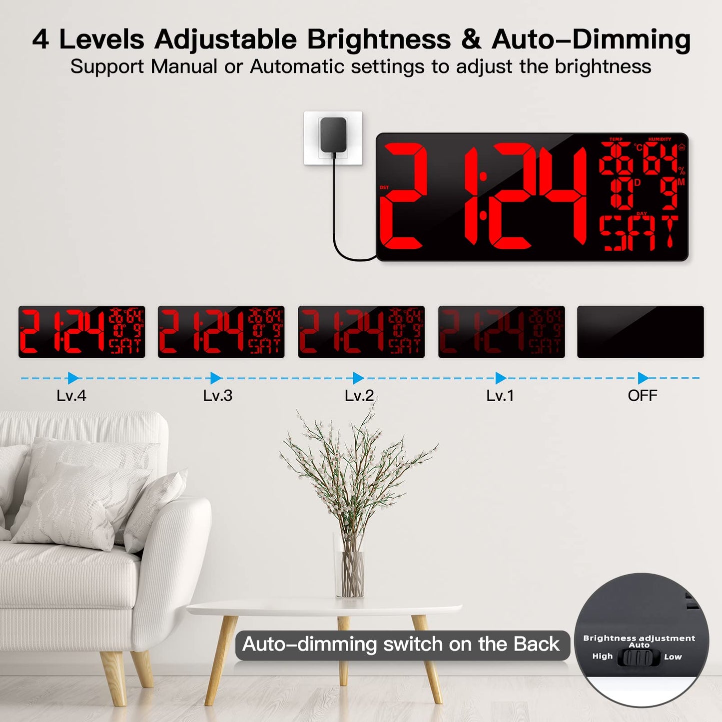 XREXS 18 Inch Extra Large Digital Wall Clock with Remote Control, LED Large Wall Clocks, Count Up/Down Timer, Auto-Dimming Alarm Clock with