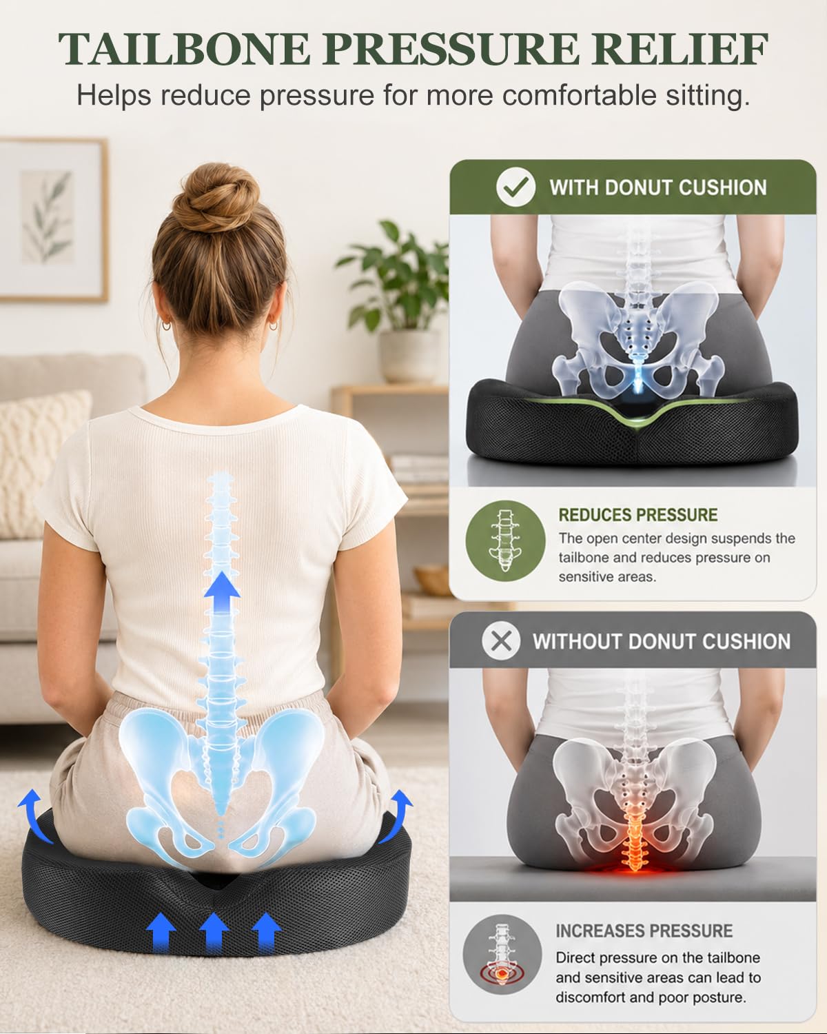 Donut Cushion for Meditation, Hemorrhoids & Postpartum Recovery, Coccyx Cushion for Tailbone Pain Relief, Memory Foam Seat Cushions for Long Sitting