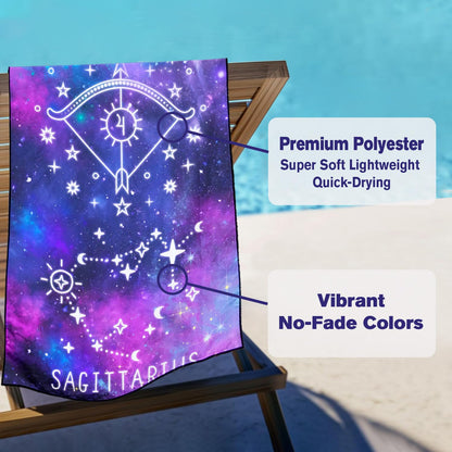 Violetpos Sagittarius Zodiac Sign Beach Towel for Astrology Fans, Extra Large 180x90 cm 250GSM Microfibre, Sand Free Quick Dry
