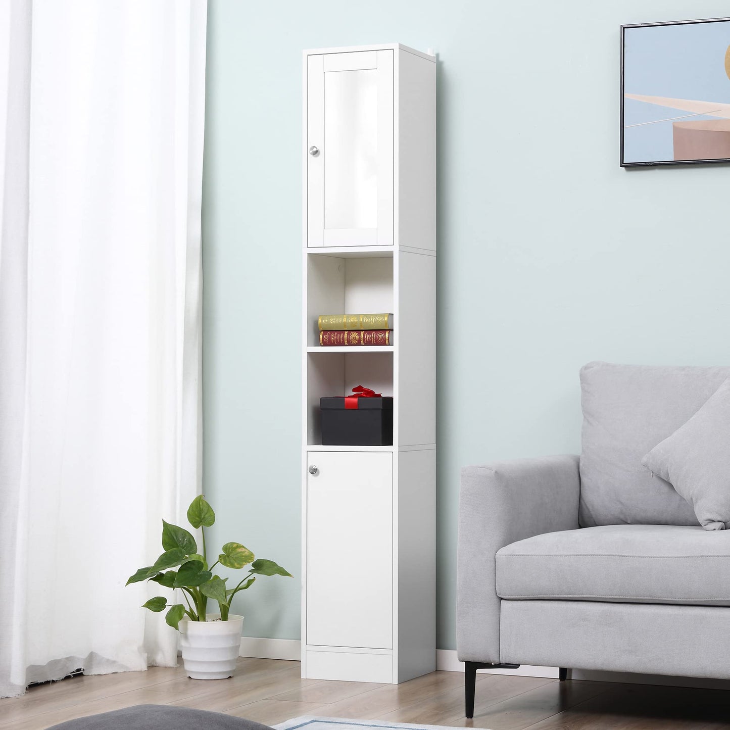 kleankin Tall Bathroom Storage Cabinet Mirrored Tallboy Cabinet White