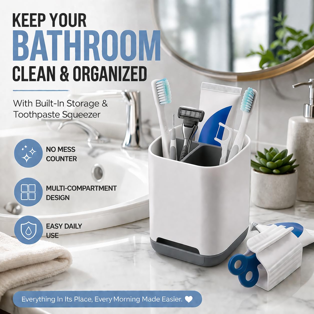 Gill Global Toothbrush Holder with Toothpaste Squeezer, 3 Slot Bathroom Organiser, Toothbrush Stand with Drainage, Bathroom Storage Cup