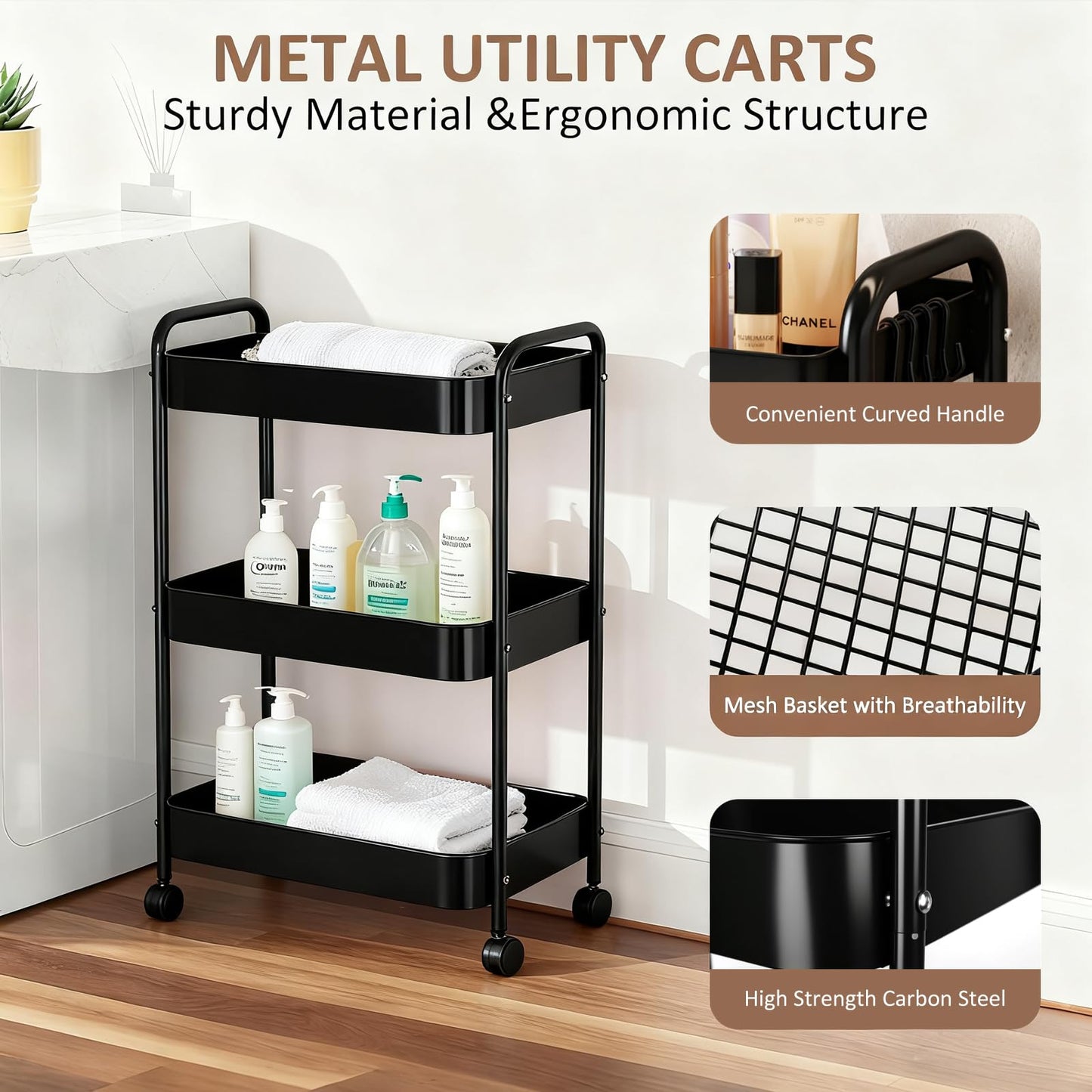 3 Tier Metal Storage Trolley on Wheels Kitchen Trolleys Utility Rolling Cart with Handle,Mesh Storage Cart Bathroom Cart Veg Rack and Multi-Purpose