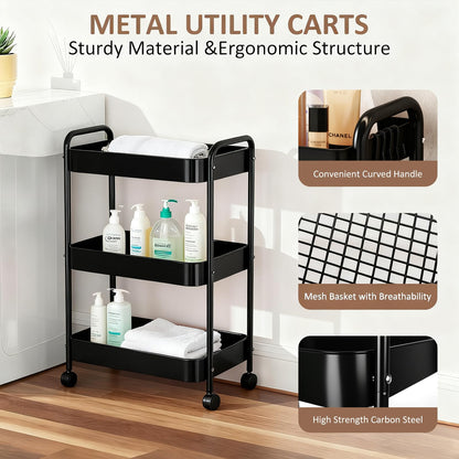 3 Tier Metal Storage Trolley on Wheels Kitchen Trolleys Utility Rolling Cart with Handle,Mesh Storage Cart Bathroom Cart Veg Rack and Multi-Purpose